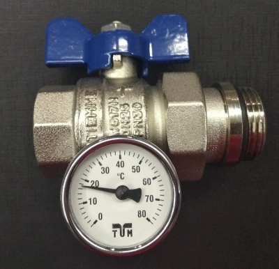 Кран шаровой со сгоном 1" НВ с термометром для коллектора синяя бабочка TIEMME 2120042