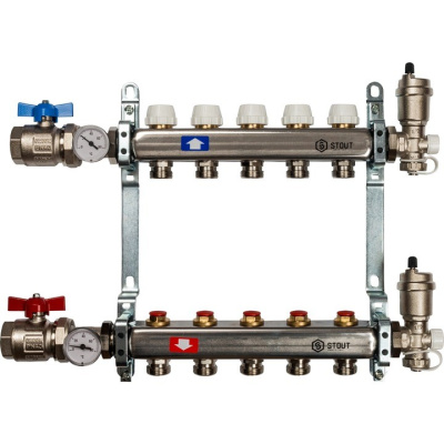 Комплект коллекторный блок с запорными клапанами STOUT 1"х5 вых x 3/4" SMS 0912 000005 нерж.сталь