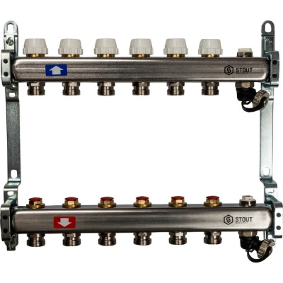 Коллекторный блок STOUT с отсечным клапаном 1"х 6 вых x 3/4" SMS-0932-000006 нержавеющая сталь