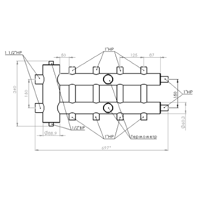 Коллектор с гидрострелкой 120 кВт 5 контуров 1,1/2х1 GSK 40-5 AISI 304 ПроксиТерм