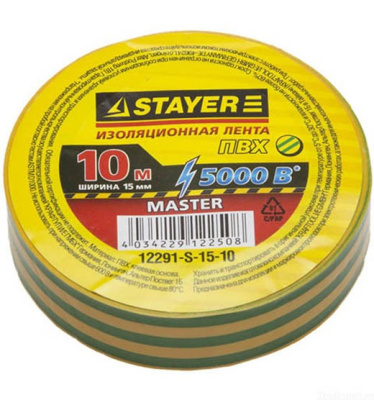 Изолента ПВХ  STAYER MASTER, 15 мм х 10 м, до 5000В, самозатухающая,желто-зеленая.