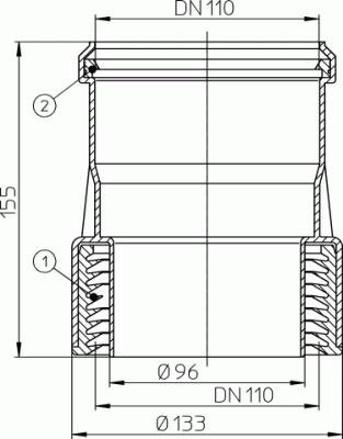 HL9/1 Переходник с поливинилхлорида (ПВХ), полипропилена (ПП) DN 110 на чугун, свинец, сталь DN 100