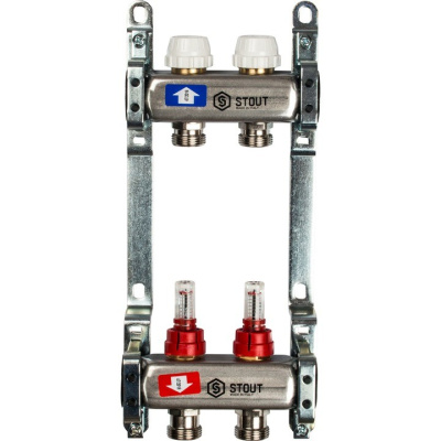 STOUT Коллекторная группа нерж. со встроенным расходомерами в сборе 1"х 2 вых.x 3/4" SMS 0917 000002