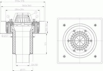 Кровельная воронкаHL63/7 D N75 , из профлиста, с теплоиз. с флпнцем, с монтажным коробом, с листвоул