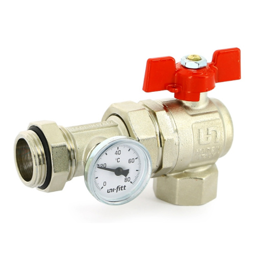Кран шаровый угловой с ТЕРМОМЕТРОМ со сгоном ETALON 1" вн.-нар. UNI-FITT 138T4000
