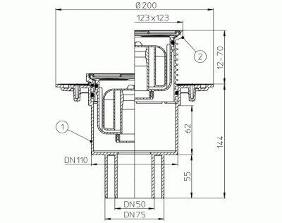 HL 310Npr- DN 50/75/110 Трап с СУХИМ сифоном Primus; решетка 115х115 