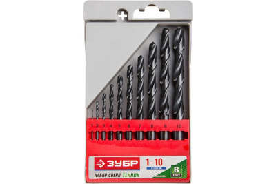 Набор свёрел по металлу ЗУБР ТЕХНИК 10 шт(d=1-10мм) , быстрореж.сталь,класс В 