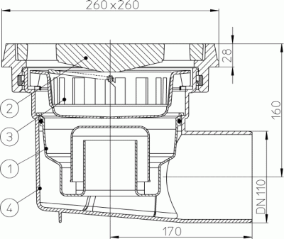 HL605.1W DN 110 решетка чугун 260х260мм Трапы серии PERFEKT, Гидрозатвор