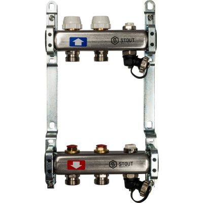 Коллекторный блок STOUT с отсечным клапаном 1"х 2 вых x 3/4" SMS-0932-000002 нержавеющая сталь