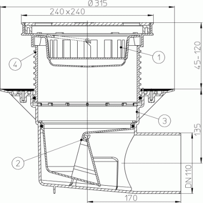 HL615S DN110 решетка сталь 226х226мм Трап PERFEKT, Надставной элемент с подрам, Клапан против запаха