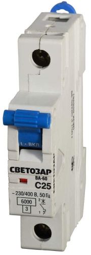 Автоматический выключатель СВЕТОЗАР, 1 полюсный, 6А,220/400 В,6Ка,тип расцепления "С"