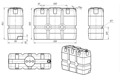 Емкость SK 2000 oil для топлива 760 х 2120 мм (ширина х длина) 400 мм диаметр горловины
