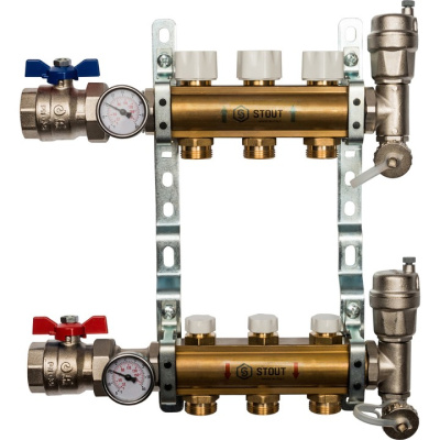 Комплект   коллекторный блок с запорными клапанами STOUT 1"х 3 вых x 3/4" SMB 0468 000003 из латуни
