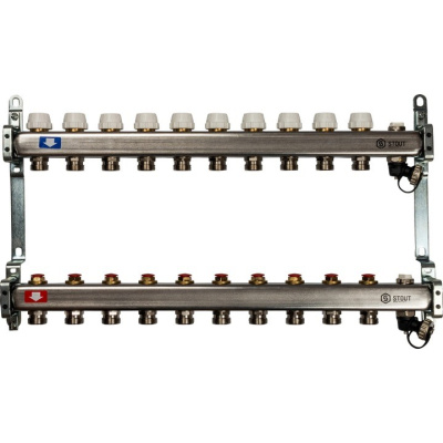 Коллекторный блок STOUT с отсечным клапаном 1"х 10 вых x 3/4" SMS-0932-000010 нержавеющая сталь