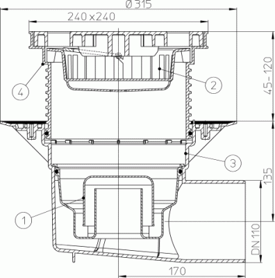 HL615LW DN110 решетка из ПП 226х226мм Трап PERFEKT, Надставной элемент с подрам, Гидрозатвор