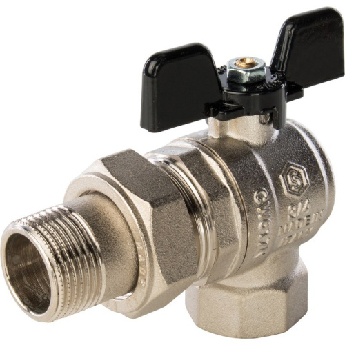 Полнопроходной шаровый кран со сгоном угловой  3/4" ручка бабочка резьба внутренняя - наружная STOUT