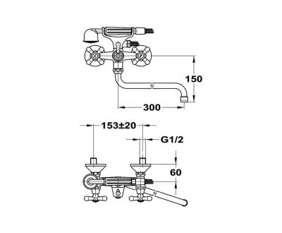 603 TREFF  Смеситель для ванны-умыв. излив 300мм. с классической кран-буксой MOFEM