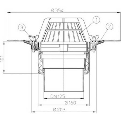 HL62/2 DN125 Воронка с листвоуловителями с теплоизоляцией, с  фланцем из нержав; с верт. выпуск