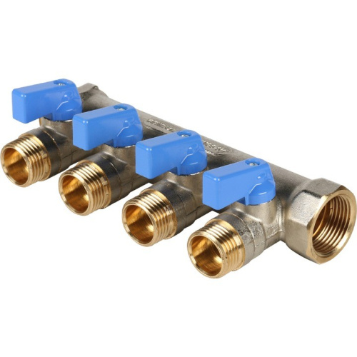 Коллектор на 4 выхода 3/4" х 1/2" запорный STOUT никель (синие ручки) SMB 6201 341204