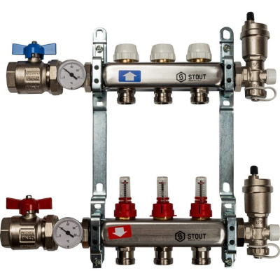 Комплект коллекторный блок с расходомерами STOUT 1"х 3 вых x 3/4" SMS 0907 000003 нерж. сталь