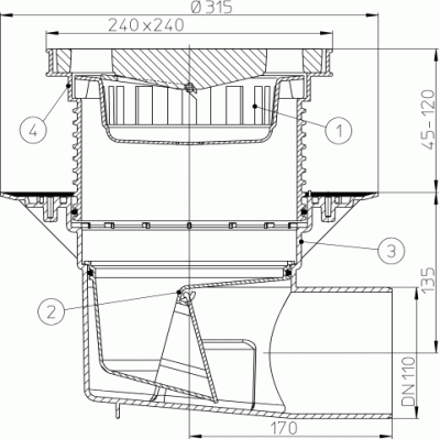 HL615DN 110 решетка чугун 226х226мм Трапы PERFEKT, Надставной элемент с подрам, Клапан против запаха