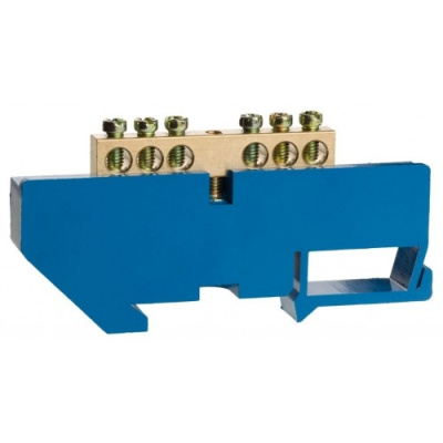 Шина нулевая с кр. на DIN-рейку",6 отверстий,отверстия 5 мм,макс.ток 100А.