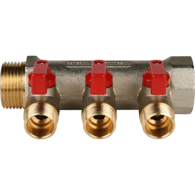 Коллектор на 3 выхода 1" х 1/2" запорный STOUT никель (красные ручки) SMB 6200 011203