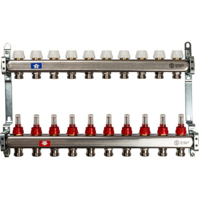 STOUT Коллекторная группа нерж. со встроенным расходомерами в сборе 1"х10 вых.x 3/4" SMS 0917 000010