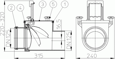 HL 712.1 DN 125 Канализационный затвор с возможностью ручной фиксации заслонки в закрытом положении