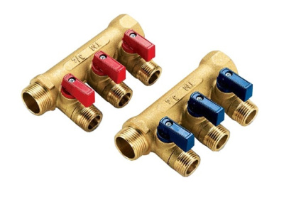 Коллектор на 3 выхода 3/4" х 1/2" запорный TIEMME (цвет Латунь)