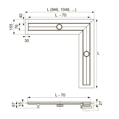Угловой канал 1000 х 1000 мм, TECEdrainline с лентой Seal System 611000