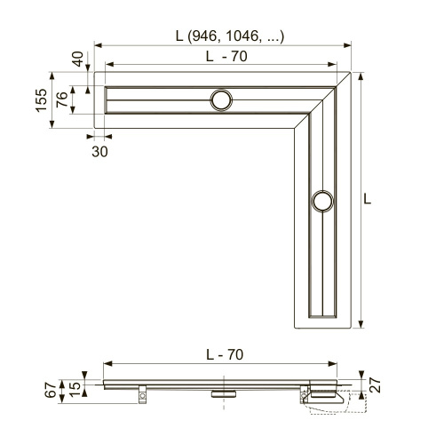 Угловой канал 1200 х 1200 мм, TECEdrainline с лентой Seal System 611200