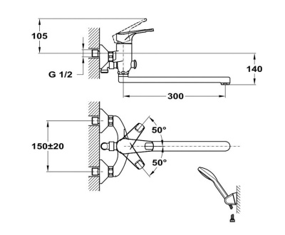 605 JUN EVO  Смеситель для ванны-умыв. с автомат. переключ. душа плоский излив 300 мм. MOFEM