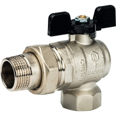 Полнопроходной шаровый кран со сгоном угловой  1" ручка бабочка резьба внутренняя - наружная STOUT