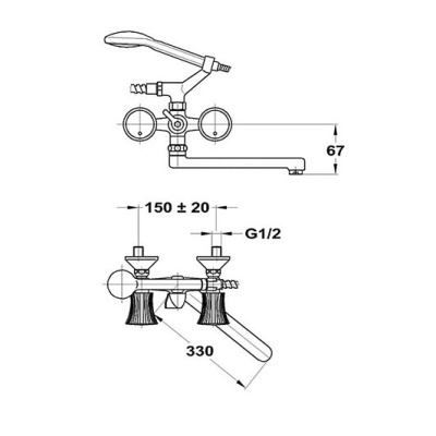607 TREFF CER  Смеситель для ванны-умыв.с плос. излив 330 мм. с держ. с керамч. кран-буксой MOFEM