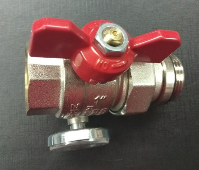 Кран шаровой со сгоном 1" НВ с термометром для коллектора красная бабочка TIEMME 2120043 