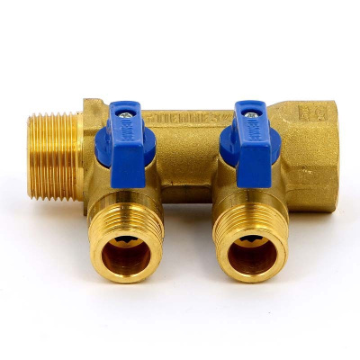 Коллектор на 2 выхода 1" х 1/2" запорный TIEMME (цвет Латунь)