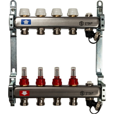 Коллекторный блок STOUT с расходомерами 1"х 4 вых x 3/4" SMS-0927-000004 нержавеющая сталь