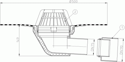 Кровельная воронка, HL64H DN75/110 с листвоуловителем, сполимербитумным полотном 500мм,с гориз. вып