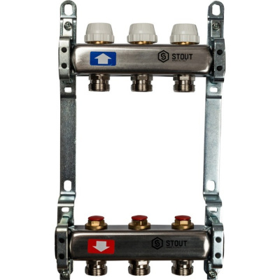 STOUT Коллекторная группа нерж. с запорными клапанами 1"х 3 вых.x 3/4" SMS 0922 000003