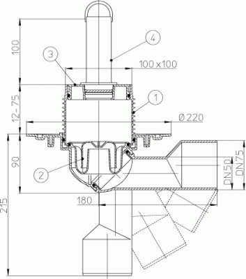 HL 80.2 DN 50/75 Трап для внутренних помещений с переливным стояком надст элемент 100х100мм