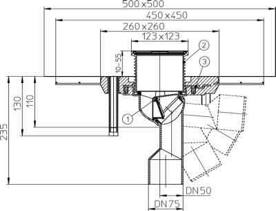 HL 80C DN 50/75Трап для балконов и террас с консолью из полимера, решетка 115х115 универсальный 