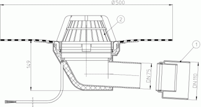 Кровельная воронкаHL64,1H DN75/110 с листвоуловителем, сполимербитумным полотном 500мм,с гориз. вып