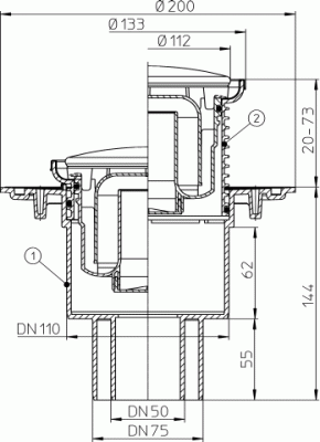 HL 310NR- DN 50/75/110 Трап с круглой решеткой из нержавеющей стали , видим части 137х137 