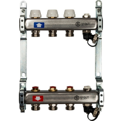 Коллекторный блок STOUT с отсечным клапаном 1"х 3 вых x 3/4" SMS-0932-000003 нержавеющая сталь