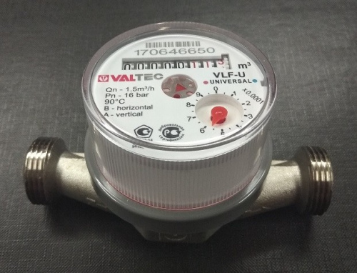 Водосчетчик Valtec унив., квартирный, БЕЗ СГОНОВ до +90^С, 1,5м3, 1/2", 110 мм  (NEW)  