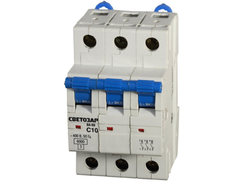 Автоматический выключатель СВЕТОЗАР, 3 полюсный, 10А,400 В,6Ка,тип расцепления "С"