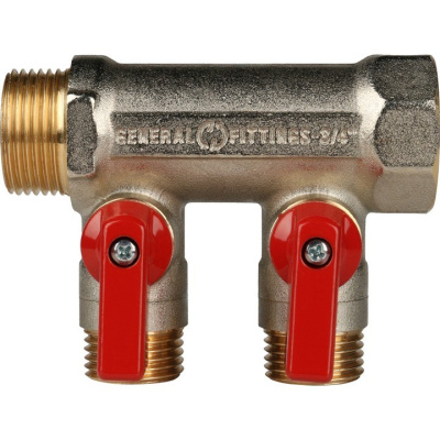 Коллектор на 2 выхода 3/4" х 1/2" запорный STOUT никель (красные ручки) SMB 6200 341202