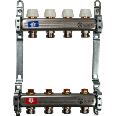 STOUT Коллекторная группа нерж. с запорными клапанами 1"х 4 вых.x 3/4" SMS 0922 000004