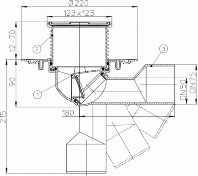 HL 80 DN 50/75Трап для балконов и террас с поворотным шариком, решетка 115х115 универсальный 